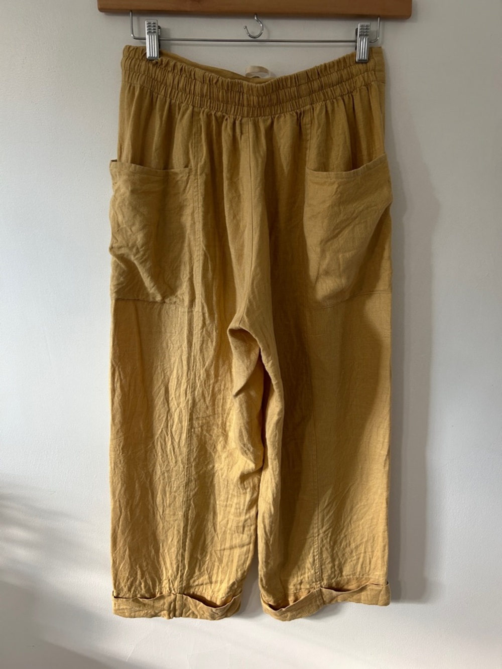 Flax Linen Wide-Leg Pants Women’s S Mustard Yellow Elastic Waist Beach Casual - Picture 5 of 16